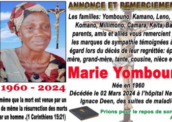 Décès de Marie Yombouno: annonce et remerciement