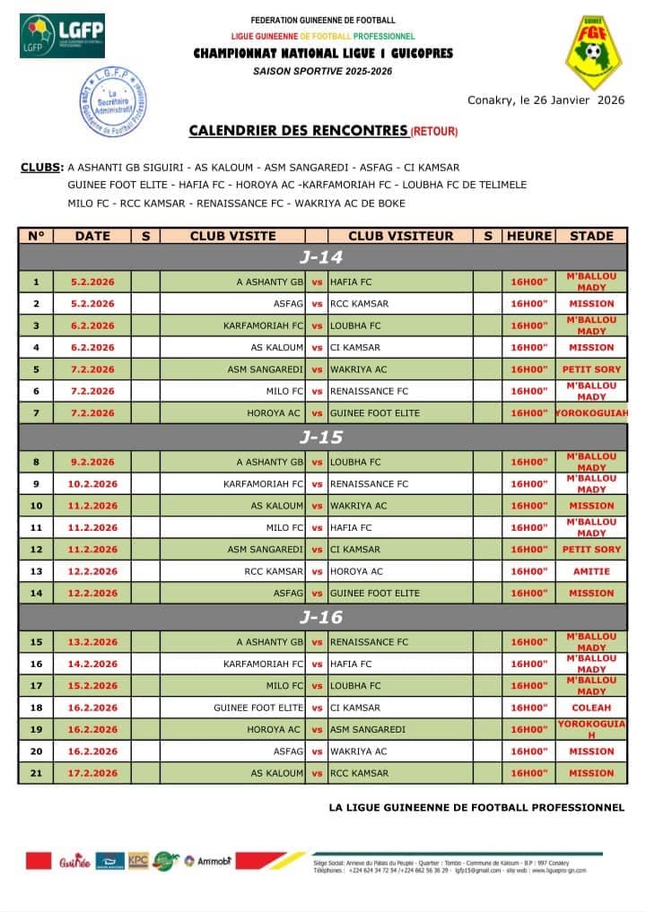 Calendrier de la phase Retour de ligue 1 